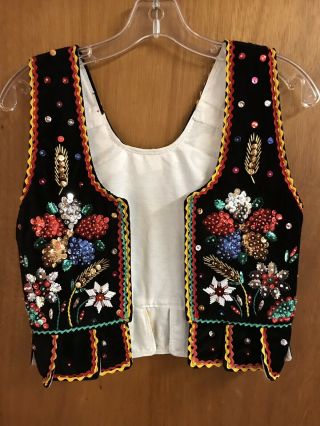 Vintage Polish Folk Costume Black Velvet Sequin Vest & Beads Size Small 32”