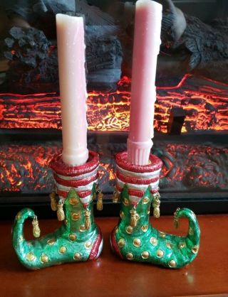 Set Of 2 Elf Shoe Candle Holders By Boston Warehouse.  2 X 4 " Tall.  Euc.
