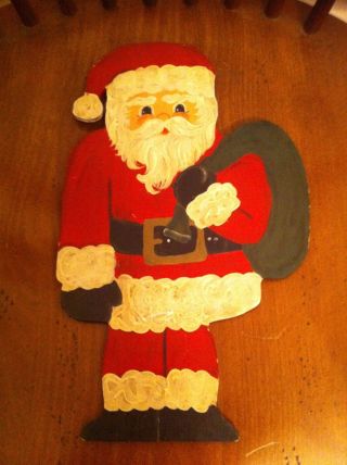 Vintage Hand Painted Two - Sided Wooden Panel Santa Claus Christmas Decoration Old
