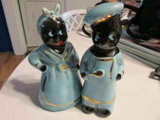 Chef And Mammy Vintage Black Americana Salt Pepper Blue Ceramic As - Is