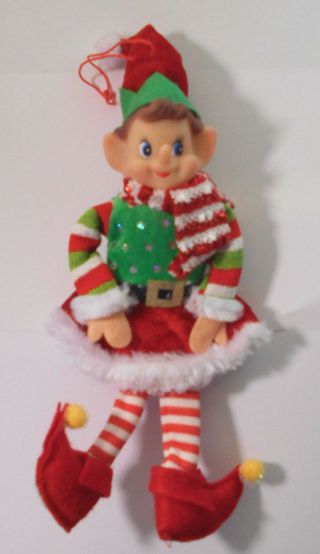 Christmas Elf Decoration Ornament - Soft Rubber Face - Candy Cane Striped 11 "