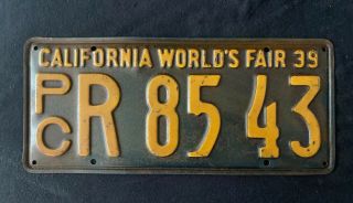 Vintage 1939 California Worlds Fair Commercial Pc License Plate Rare