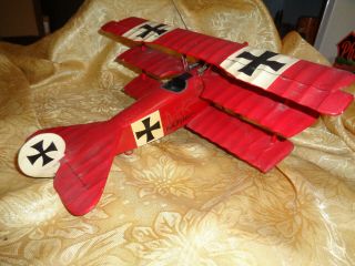 Vintage German Fokker Red Baron Wood Tri Plane Desk Top Model Airplane