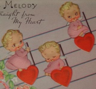 Vintage Valentine Card,  Adorable Angels On Heart Music Notes,  5 "