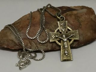 Vintage Chapel Gold Over Sterling Silver Crucifix Cross Pendant 16” Necklace 2
