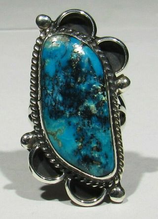 Large Vintage Signed Navajo Natural Blue Diamond Turquoise 925 Silver Ring 6.  5