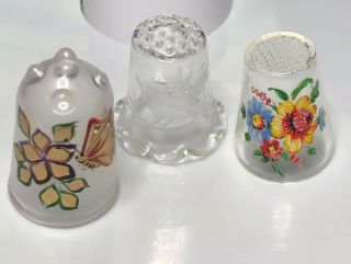 3 Glass Thimbles Butterfly Etched Bird Painted Flowers