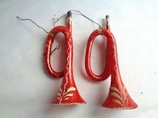 Vintage Set Of 2 Mercury Glass French Horn X - Mas Tree Ornaments