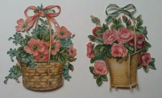 2smallish Antique,  Embossed Victorian Scraps.  Pretty Flower Baskets 10.  5x9cm
