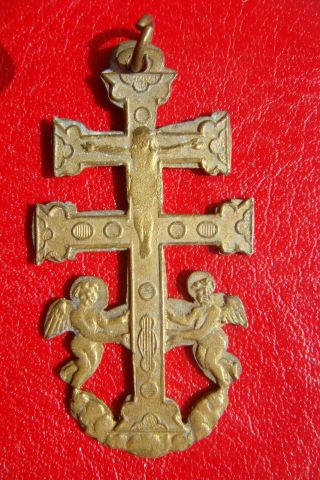 Old Antique Caravaca Crucifix Jesus Cross With 2 Angels Bronze Cross Pendant