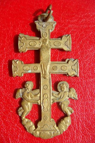OLD ANTIQUE CARAVACA CRUCIFIX JESUS CROSS WITH 2 ANGELS BRONZE CROSS PENDANT 2