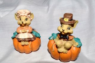 Estate Thanksgiving Decor,  Set Of Two Mice,  Each Sitting On Pumpkin Decor Accent