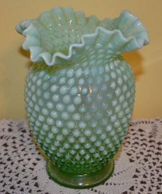 Fenton Lime Green Opalescent Hobnail Ruffled Vase 8 "
