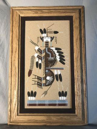 Signed Vintage 1970s Authentic Navajo Sand Painting Framed Native American