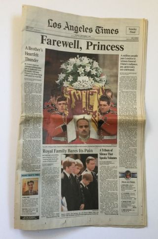 1997 Los Angeles Times Princess Diana Funeral Charles Spencer Newspaper