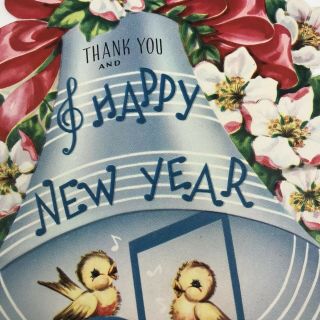 Vintage Mid Century Greeting Card Happy Year Die Cut Bell Birds Christmas