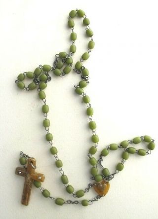 Vintage Rosary Green Bead With Lucite Cross Ca1950 