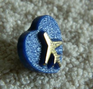 Vintage Kiddie Blue Glass Heart Button W An Airplane Raised Relief W Gold