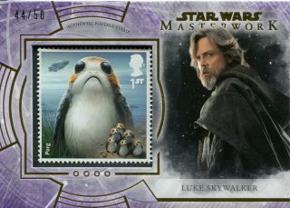 Star Wars Masterwork 2018 Purple Parallel Stamp Relic Card S - Pl Luke & Porgs 50