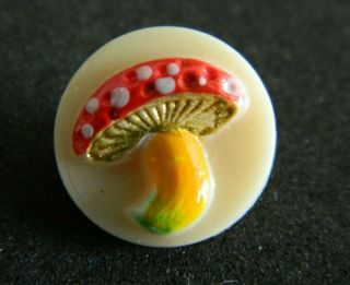 Vintage Kiddie Tan Glass Button W Mushroom Toad Stool Painted 5 Colors Raised Re