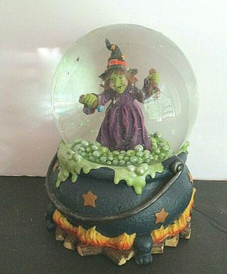 Halloween Waterglobe,  W/ Green Witch & Bats In A Cauldron.  Hand - Painted.