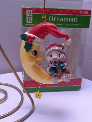 2004 Merry Brite Christmas Ornament Moon With Mouse Fishing