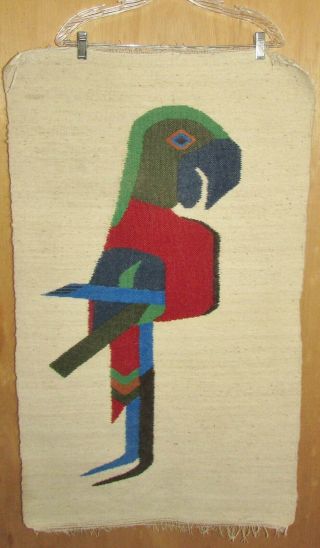Vintage Parrot Tropical Bird Wool Mexican Textile Rug Blanket Woven Tapestry