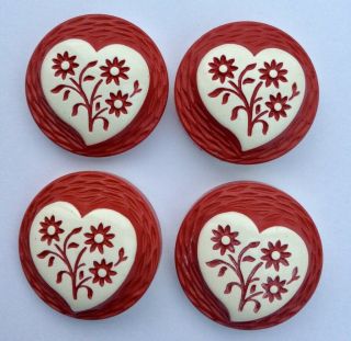 4 X 28mm Vintage Buffed Celluloid Buttons,  Red & White,  Hearts & Flowers