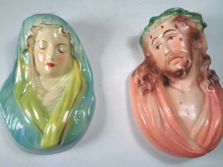 Vtg Chalkware Jesus And Mary / Madonna Wall Hanging Plaque Set Of 2 Vgc