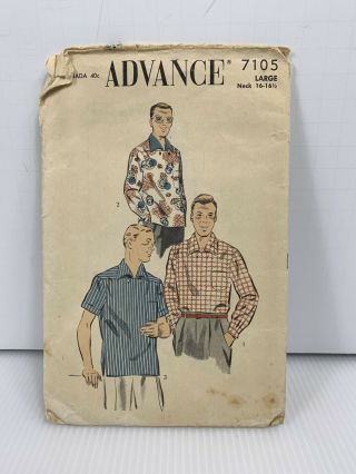 Advance Sewing Pattern Mens Sport Shirt 7105 Sz Neck 16 - 16 1/2 Large 1950s Uncut
