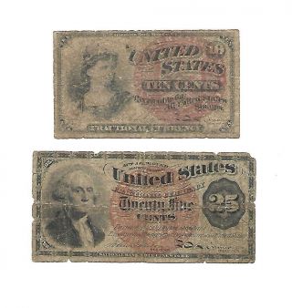Set Of 2 U.  S.  Fractional Note 1860s Avg