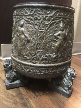 Antique Siam/thailand Incense Temple Bowl Art Bronze Brass Sword Mask Estate