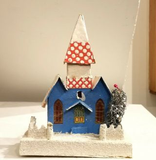 Blue Church,  With Red Roof.  Spaghetti Trim,  Steeple,  Sponge Tree.  Japan.  1930s