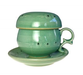 Stoneware Covered 4 Piece Tea Cup Saucer With Infuser Jade Blue Green Japan