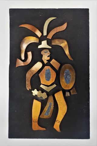 Metal On Wood Blue Stone Aztec Mayan Warrior Dancer Montezuma Wall Plaque Decor