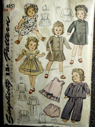Vintage Simplicity 18 " Doll Clothes Pattern 4851 5 Outfits