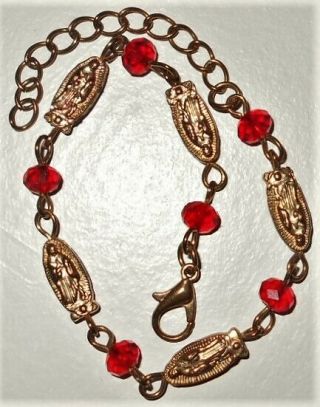 VTG Christian - Catholic Gold Bracelet Virgin Mary Charm Red Crystals Link Bangle 2