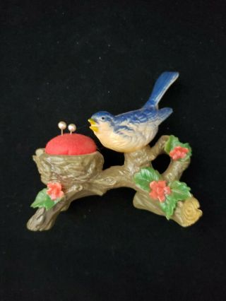 Vintage Blue Bird Figurine Pin Cushion Mid Century