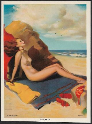 Vintage 1940s Gil Elvgren Sunbath Nude Beauty On Beach Risqué Pin - Up Print Fine