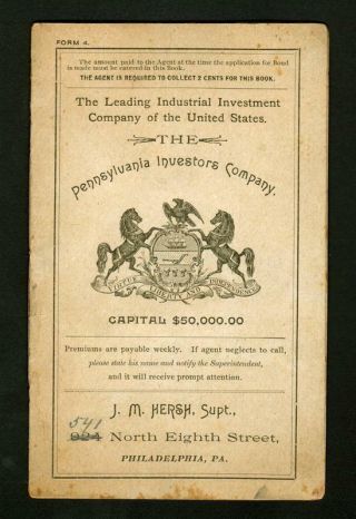 Pennsylvania Investors Co.  Savings Passbook 1895 Philadelphia