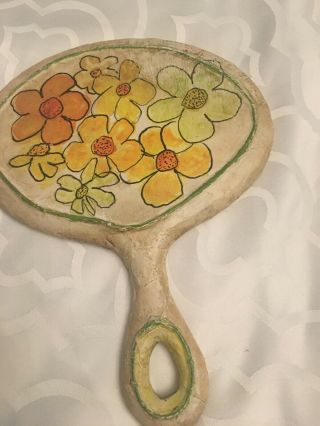 Vintage Handheld Paper Mache Mirror Daisies Flowers 60 