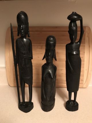 Rare Hand Carved Ebony Black Wood Tribal Figures Besmo Kenya Set Of 3
