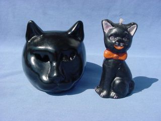 Vtg Halloween Black Cat Candle & Black Cat Head Votive Candle Holder