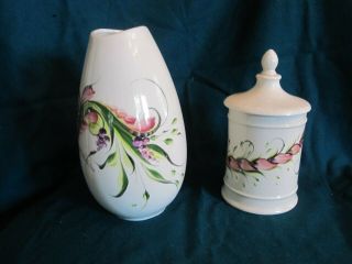 Lucille Watkins Vintage Ceramic Hand Painted Vase & Jar W/lid,  Signed