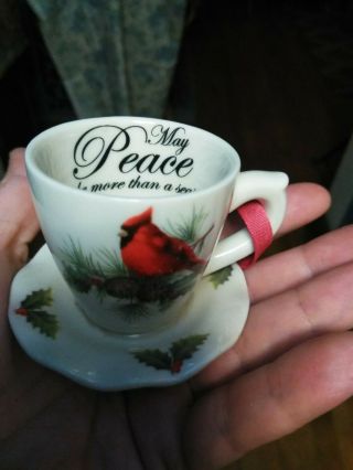 Cardinal Miniature Ceramic Teacups & Saucers Christmas Ornament