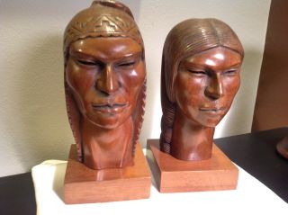 Pair Gutierrez Wood Carved Native Figurines Man & Woman