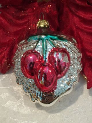 Vintage Glass Christmas Ornament West Germany Cherry Cherries Leaf 2 3/4”