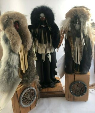 3 Native American Figures Real Fur & Leather 1 Signed By Karen Blanchard