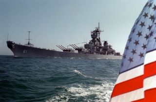 Us Navy Usn Battleship Uss Iowa (bb - 61) Us Flag 8x12 Photograph