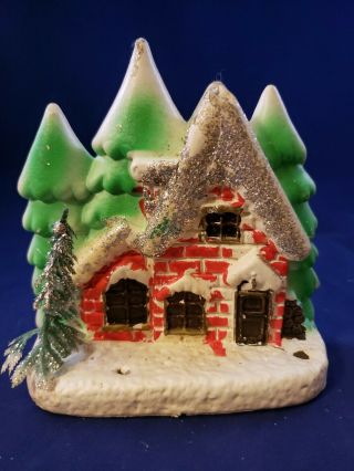 Vintage Christmas Blow Mold Diorama House Pine Scene Glitter